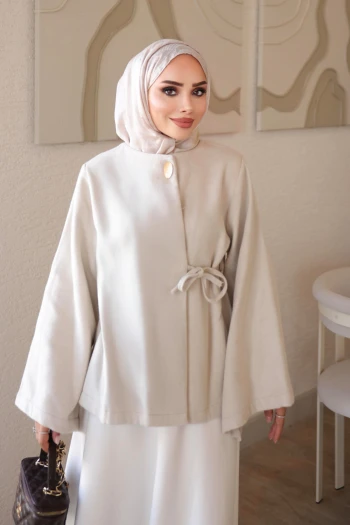 Krem Kol Yırtmaçlı Yan Bağlamalı Kaşe Kimono