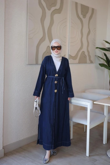 Lacivert Aksesuarlı Beli Bağlamalı Uzun Kot Kimono