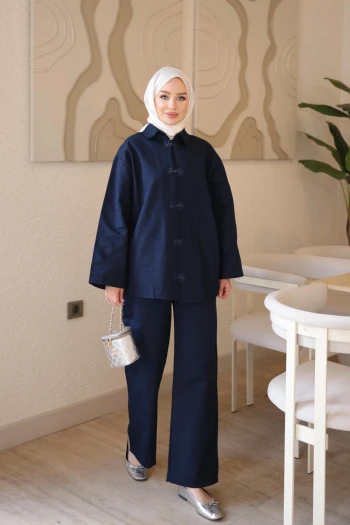Lacivert Biye Düğmeli Ceket Pantolonlu Gabardin Takım