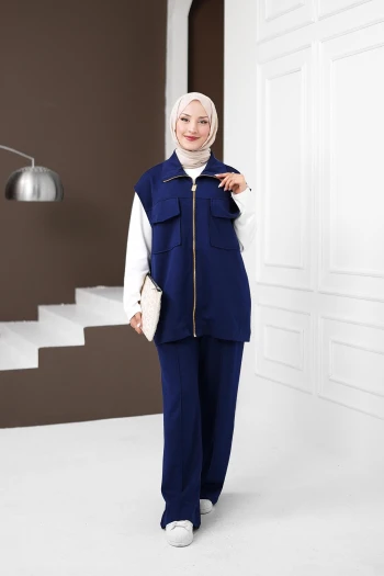 Lacivert Ekru Fermuarlı Yelek Pantolonlu Modal Takım
