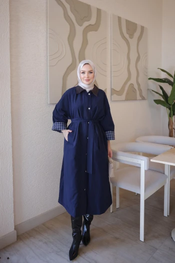 Lacivert Fermuarlı Çıtçıtlı Kemerli Astarlı Trençkot