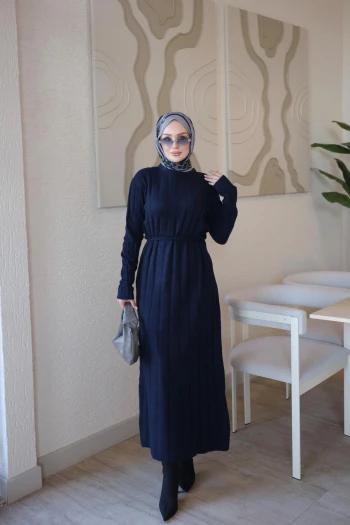 Lacivert Fitilli Bel Bağlamalı Triko Elbise