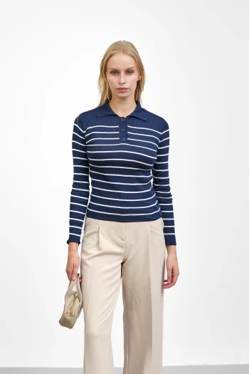 Lacivert Fitilli Polo Yaka Triko Body