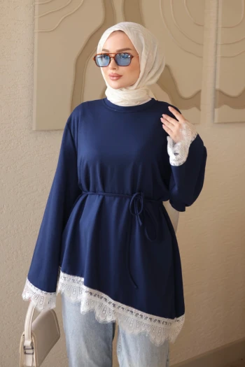 Lacivert Kol Ve Eteği Dantelli Tunik