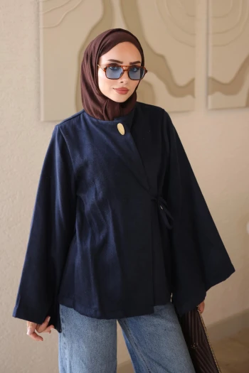 Lacivert Kol Yırtmaçlı Yan Bağlamalı Kaşe Kimono