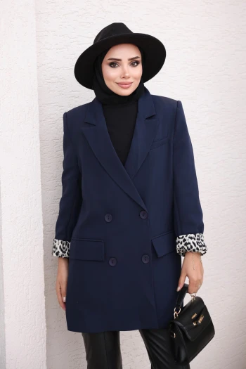 Lacivert Kruvaze Yaka Garnili Düğmeli Blazer Ceket