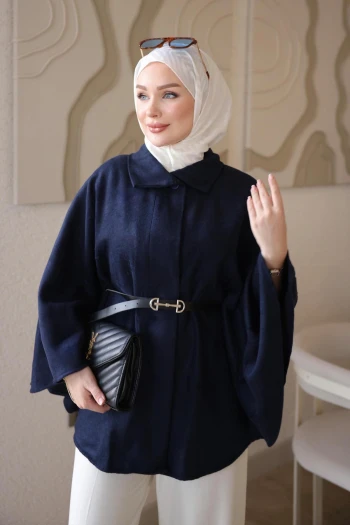 Lacivert Oversize Kalıp Kemerli Kaşe Panço