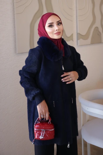 Lacivert Soft Kürk Yakalı Angora Triko Hırka