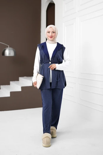 Lacivert Tunik Yelek Pantolonlu 3'lü Kombin Takım