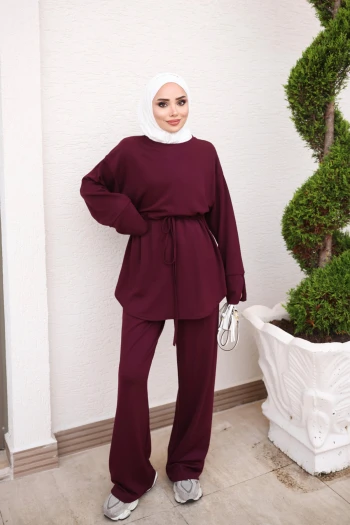 Mürdüm Bel Bağlamalı Tunik Pantolonlu Takım