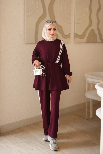 Mürdüm Bel Lastikli Şeritli Tunik Pantolonlu Takım