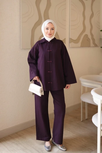 Mürdüm Biye Düğmeli Ceket Pantolonlu Gabardin Takım