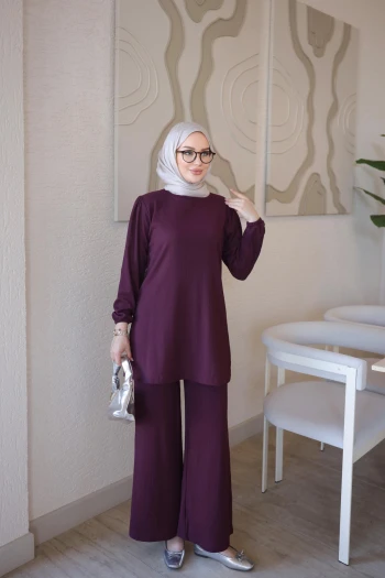 Mürdüm Bürümcük Tunik Pantolonlu Takım