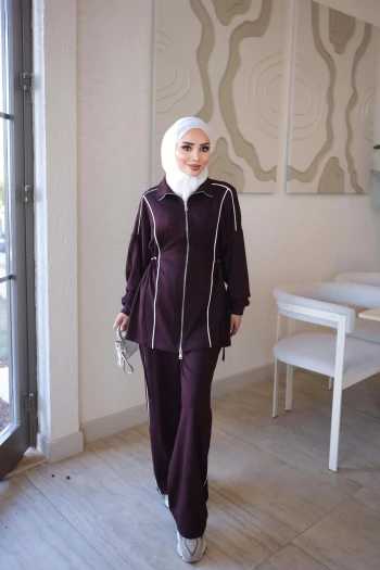 Mürdüm Fermuarlı Biye Detaylı Tunik Pantolonlu Takım