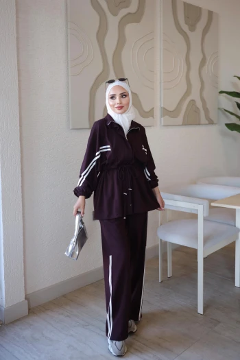Mürdüm Fermuarlı Şeritli Tunik Pantolonlu Takım