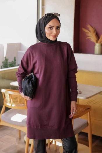 Mürdüm Kol Düğmeli Soğuk İplik Triko Tunik