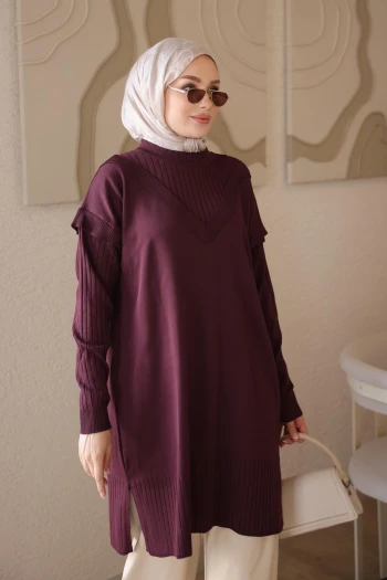 Mürdüm Kol Yaka Detaylı Merserize Triko Tunik