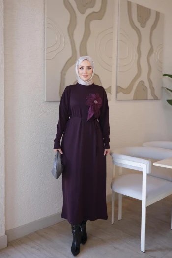 Mürdüm Merserize Çiçekli Triko Elbise