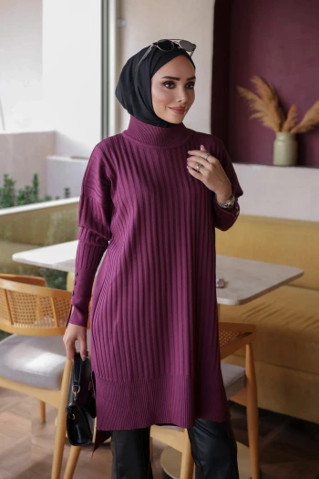 Mürdüm Soğuk İplik Kol Düğmeli Triko Tunik