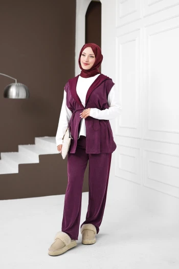 Mürdüm Tunik Yelek Pantolonlu 3'lü Kombin Takım
