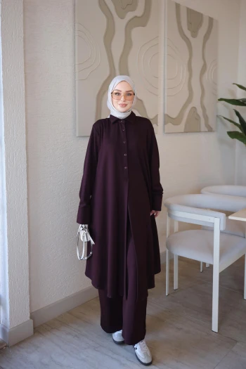 Mürdüm Yarım Düğmeli Tunik Pantolonlu Takım
