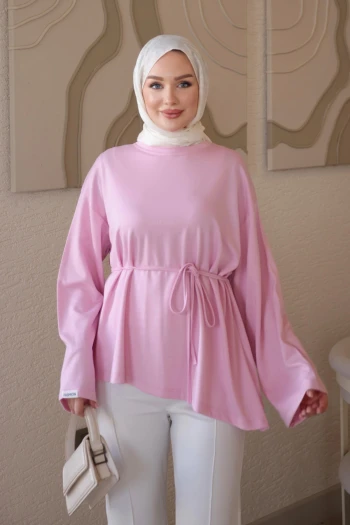 Pembe Bel Bağlamalı Asimetrik Kesim Tunik