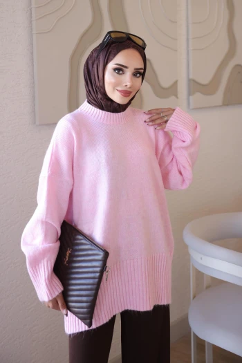 Pembe Bisiklet Yaka Oversize Şardon Triko Kazak