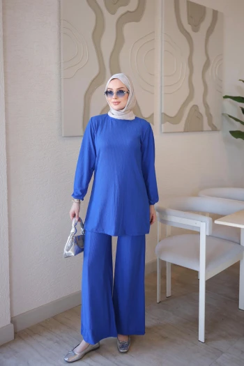 Saks Mavi Bürümcük Tunik Pantolonlu Takım
