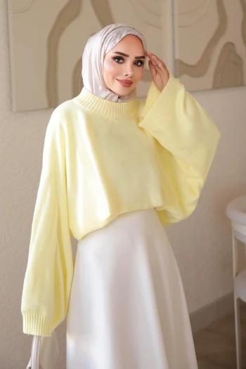 Sarı Yarasa Kol Oversize Triko Kazak