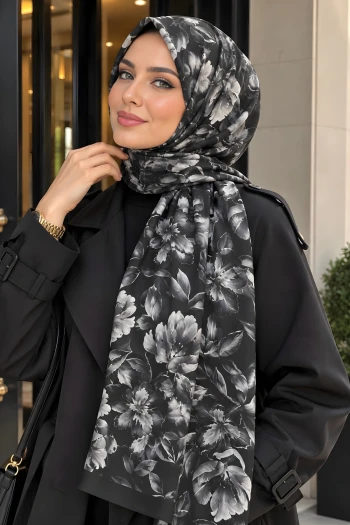 Siyah Aqua Çiçek Desenli Soft Şal
