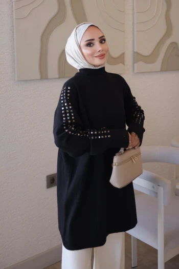 Siyah Corsman Kol Katlı Omuz Taşlı Triko Tunik