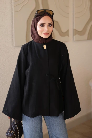 Siyah Kol Yırtmaçlı Yan Bağlamalı Kaşe Kimono