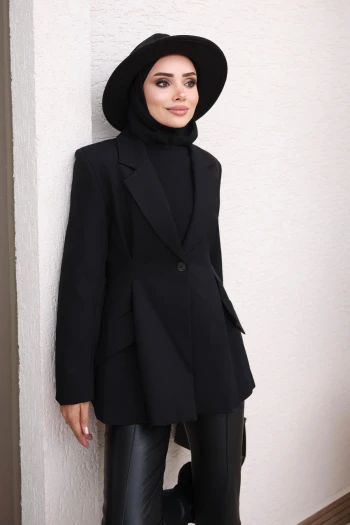 Siyah Kruvaze Yaka Beli Pensli Blazer Ceket