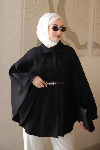 Siyah Oversize Kalıp Kemerli Kaşe Panço