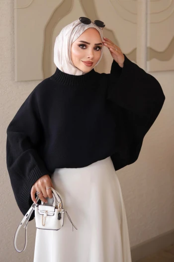 Siyah Yarasa Kol Oversize Triko Kazak