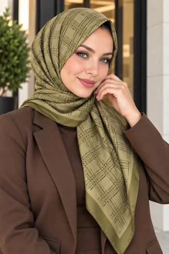 Yağ Yeşili Desenli Soft Eşarp
