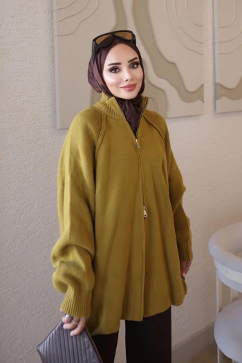 Yağ Yeşili Rosie Fermuarlı Pike Triko Hırka