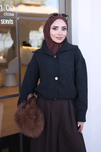 Antrasit Düğmeli Yumoş Dokulu Triko Hırka