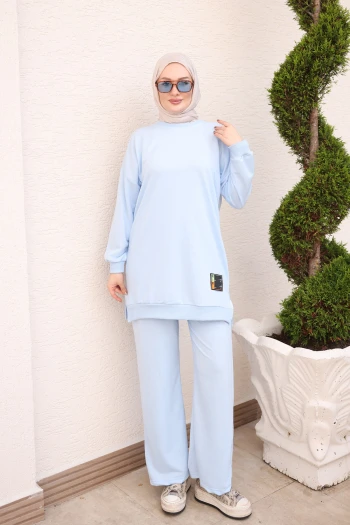Bebe Mavi Bisiklet Yaka Armalı Tunik Pantolonlu Takım