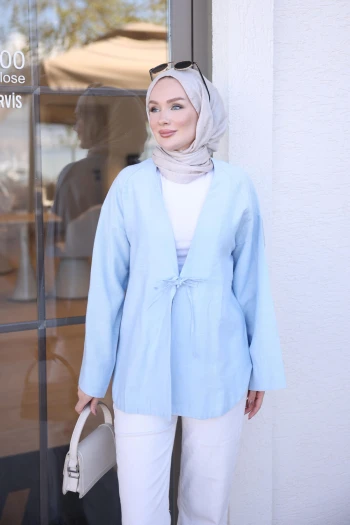 Bebe Mavi Biye Düğmeli Keten Kimono