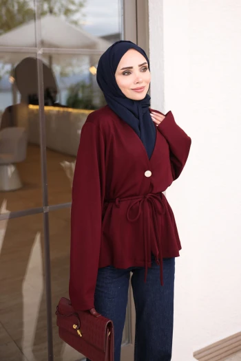 Bordo Bel İp Bağlamalı Tek Düğmeli Ceket
