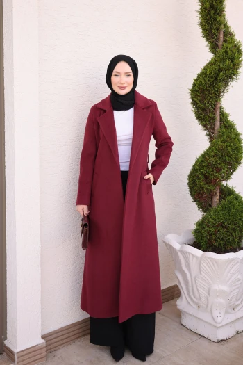Bordo Bel Kuşaklı Uzun Kaşe Kaban