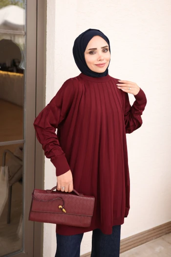 Bordo Bisiklet Yaka Merserize Triko Tunik