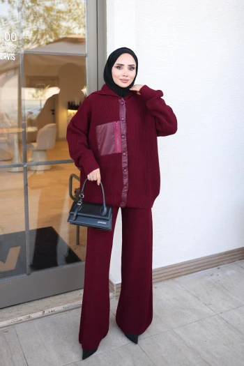 Bordo Cep Detaylı Triko Hırka Pantolonlu Takım