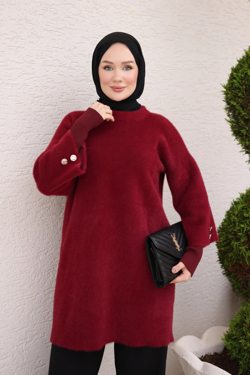 Bordo Çift Kol Angora Yumoş Triko Tunik