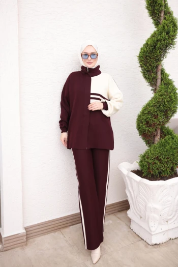 Bordo Çizgili Tunik Pantolonlu Triko Takım