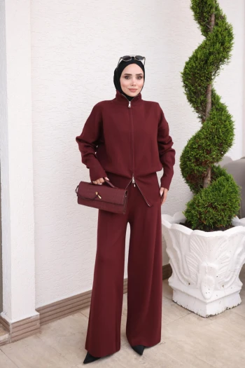 Bordo Corsman Fermuarlı Hırka Pantolonlu Triko Takım