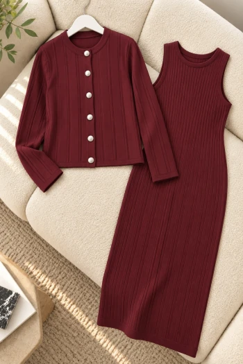 Bordo Crop Hırka Triko Elbise İkili Kombin