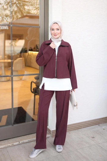 Bordo Fermuarlı Ceket Pantolonlu Üçlü Kombin Takım