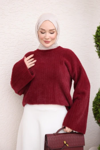 Bordo Geniş Kol Angora Yumoş Triko Kazak